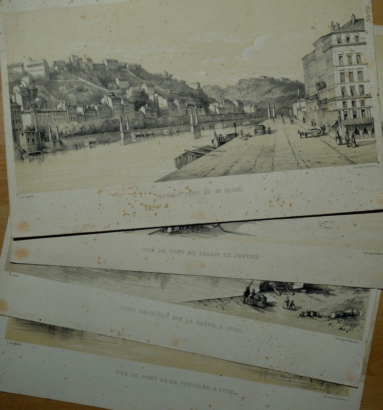 Lot de 4 "Ponts de LYON" lithos d' A de COURVILLE vers 1850/60