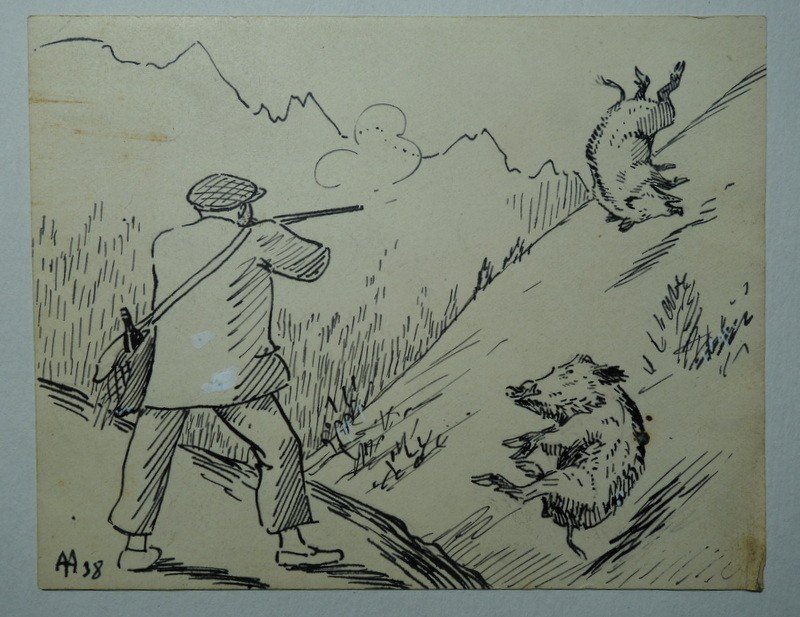 Set Of 7 "boar Hunting" Drawings By Alfred Andrieux-photo-3