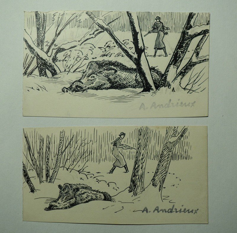 Set Of 7 "boar Hunting" Drawings By Alfred Andrieux-photo-1