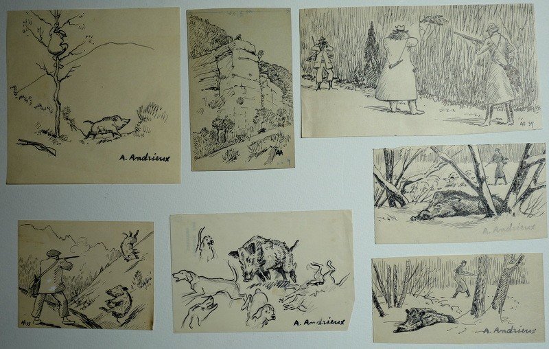 Set Of 7 "boar Hunting" Drawings By Alfred Andrieux