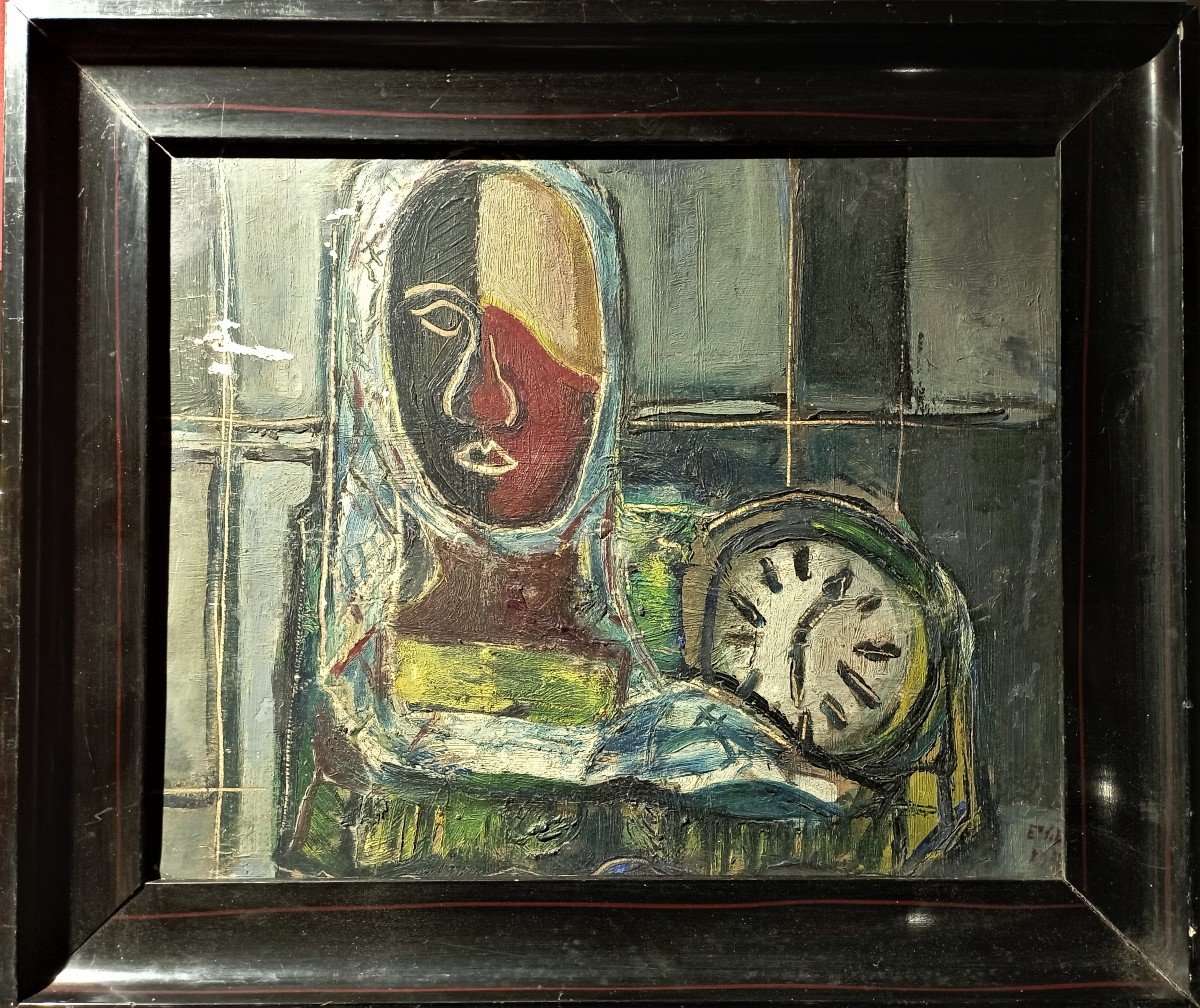 "PORTRAIT a la PENDULE" CUBISTE ..Signature Illisible ...1947 (?)