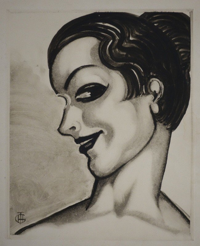 "portrait Of A Woman" Engraving By Ghtribout Circa 1925-photo-2