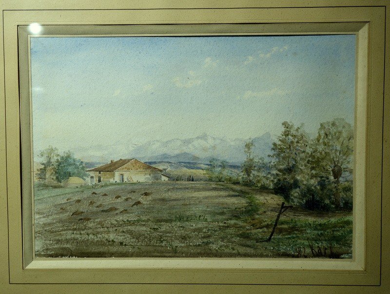 "basque House And Pyrenees" Watercolor By Karl 1882-photo-2