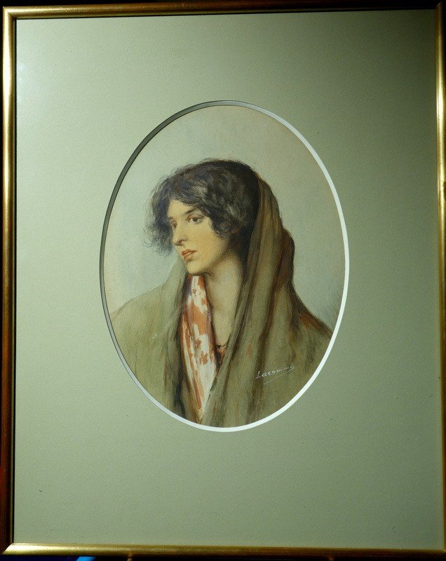 "young Woman" Watercolor By Lacomme Late 19th Century-photo-2
