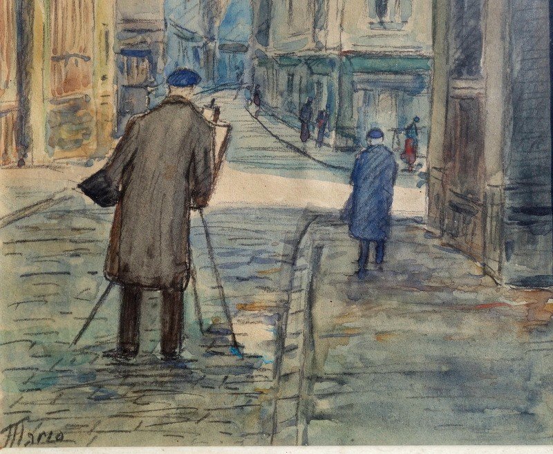 "PEINTRE a MONTMARTRE" Aquarelle par MARIO (?) vers 1950/60-photo-4