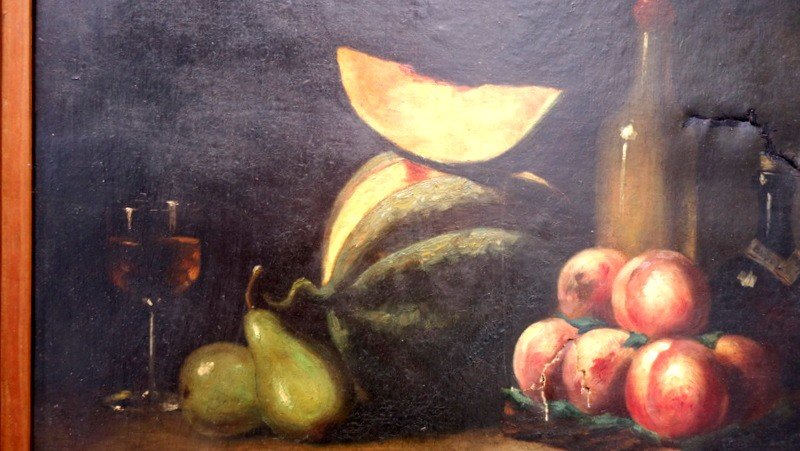 "melon, Peches, Pears And Alcohols"...canvas Signed ...circa 1890/1900-photo-2