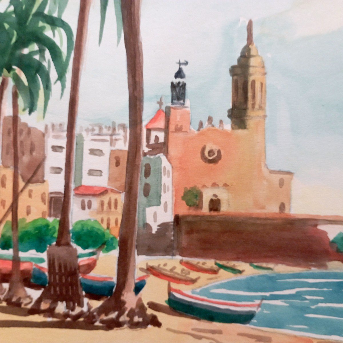 "sitges Summer" Watercolor By J.laiva Circa 1950/60-photo-2