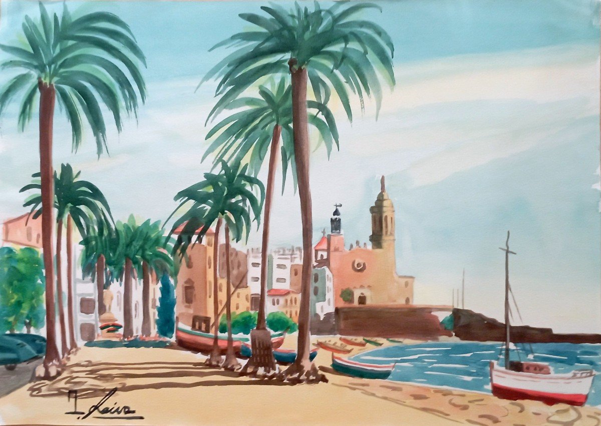 "sitges Summer" Watercolor By J.laiva Circa 1950/60