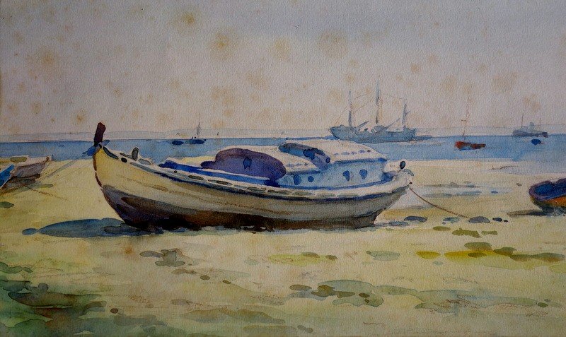 "pinasse In Arcachon" Watercolor By Henri d'Hauterive Circa 1950-photo-2