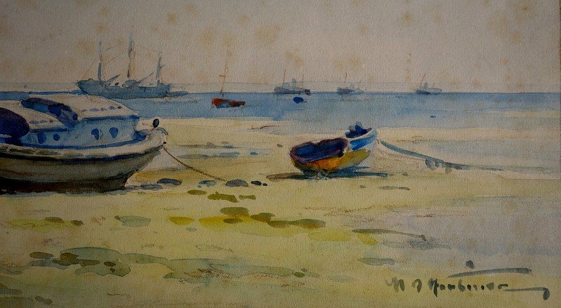 "PINASSE  a  ARCACHON" Aquarelle par Henri d'HAUTERIVE vers 1950-photo-3