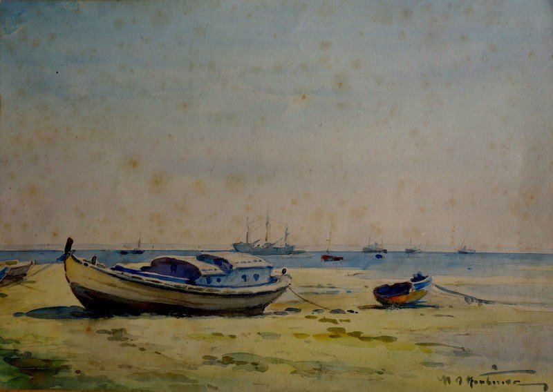 "PINASSE  a  ARCACHON" Aquarelle par Henri d'HAUTERIVE vers 1950