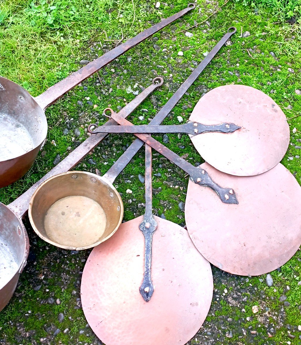 Set Of 3 "casseroles And Lids" Copper And Wrought Iron 19th Century-photo-2