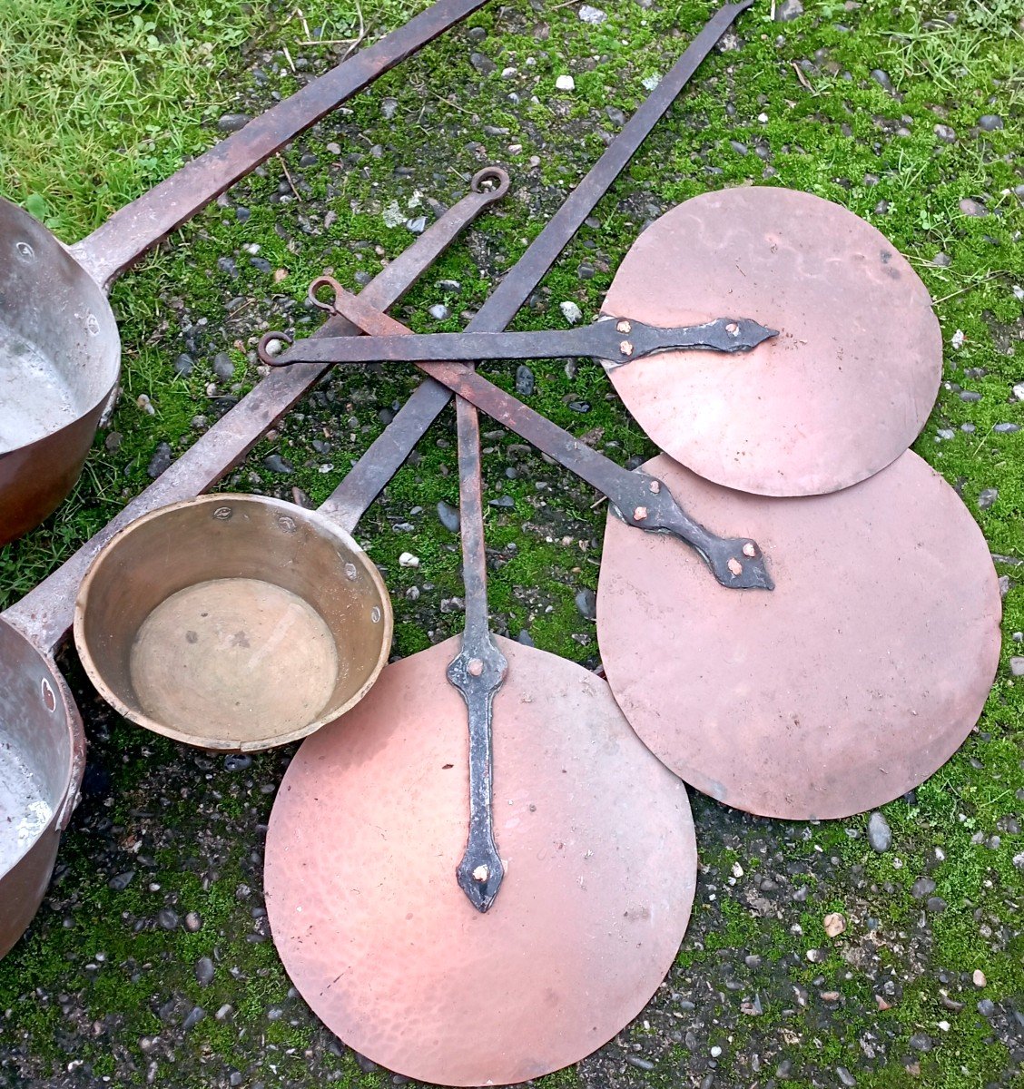 Set Of 3 "casseroles And Lids" Copper And Wrought Iron 19th Century-photo-3