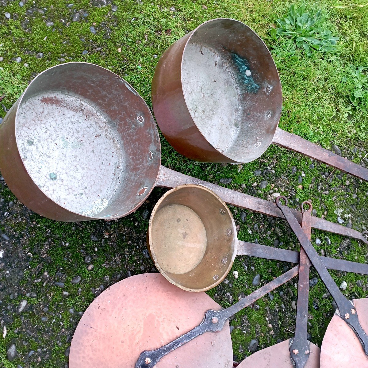 Set Of 3 "casseroles And Lids" Copper And Wrought Iron 19th Century-photo-4