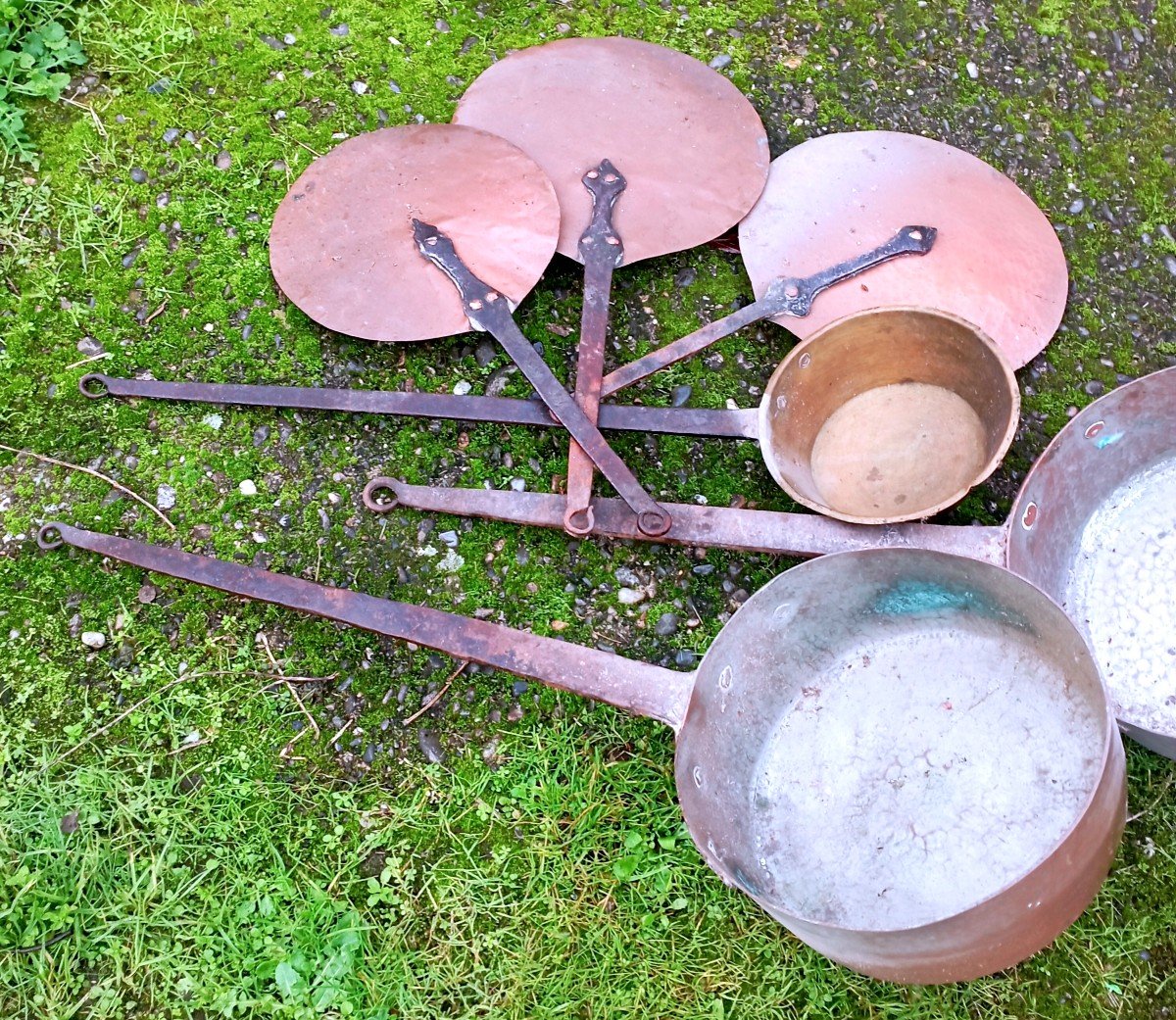 Set Of 3 "casseroles And Lids" Copper And Wrought Iron 19th Century-photo-1