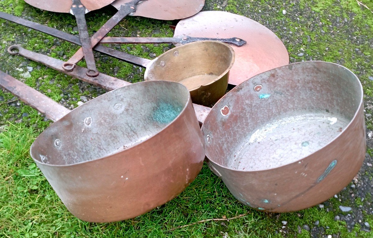 Set Of 3 "casseroles And Lids" Copper And Wrought Iron 19th Century-photo-2