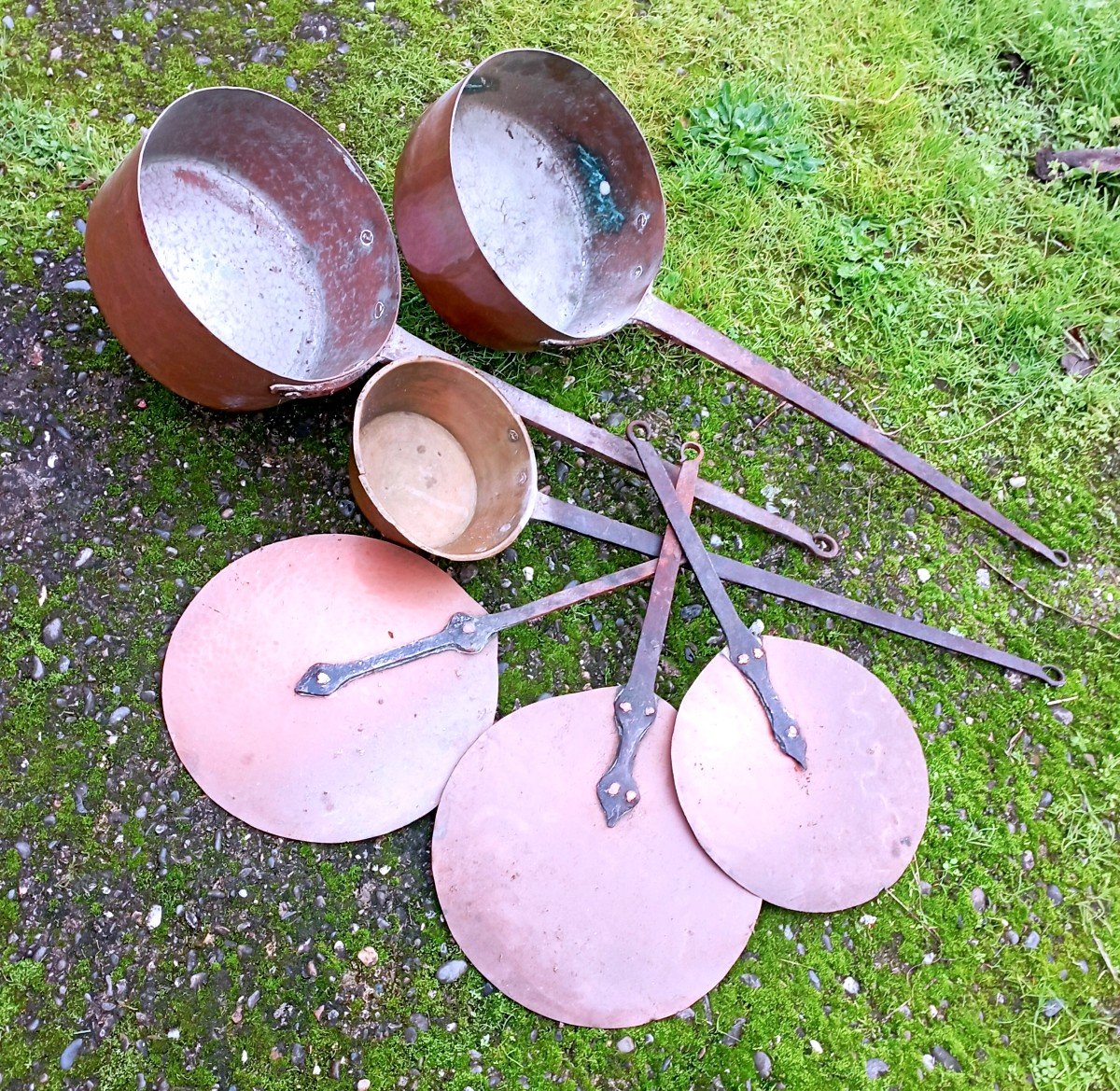 Set Of 3 "casseroles And Lids" Copper And Wrought Iron 19th Century