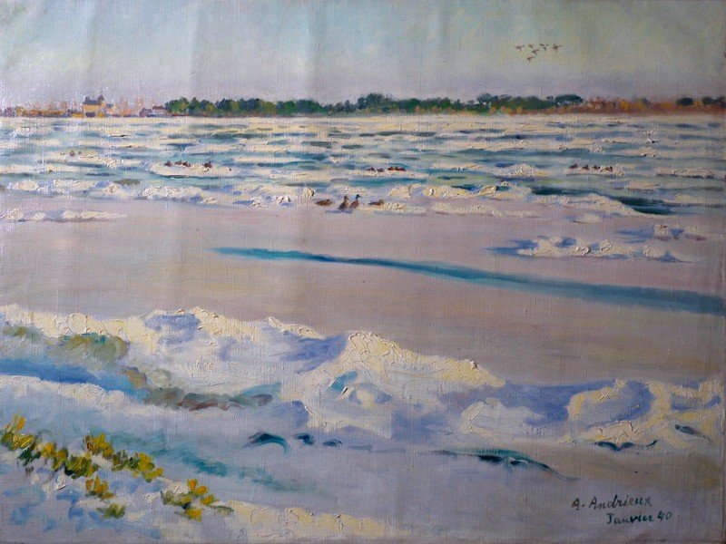 "the Frozen Loire At Guilly" By Alfred Andrieux ..january 1940