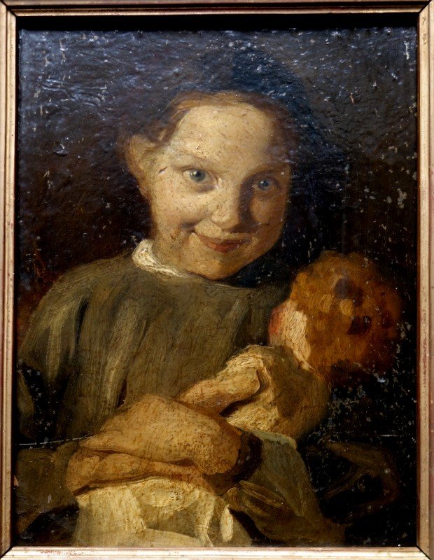 "girl With A Doll" ....french School Circa 1870-photo-2