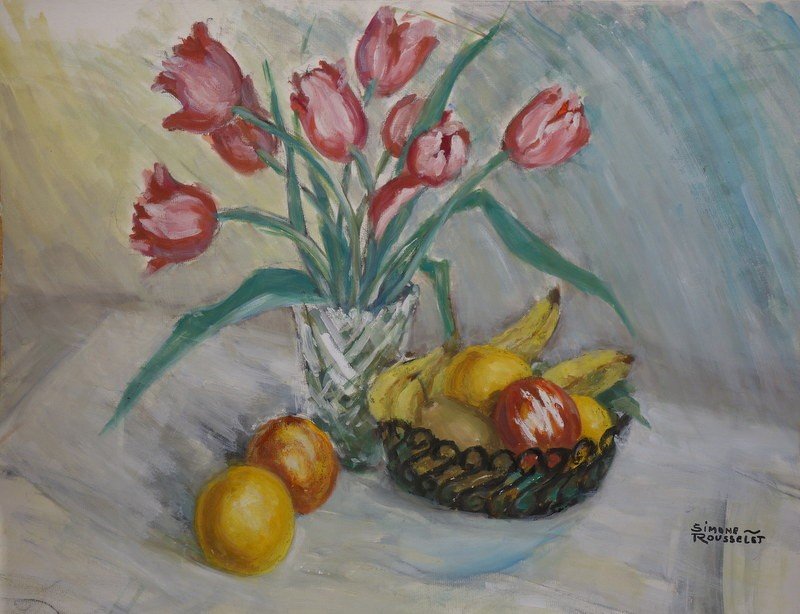 "Nature Morte aux Tulipes" par Simone ROUSSELET vers 1950