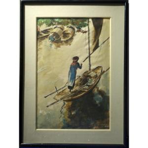 "boat And Vietnamese" Signed And Stamp, Indochine 1950