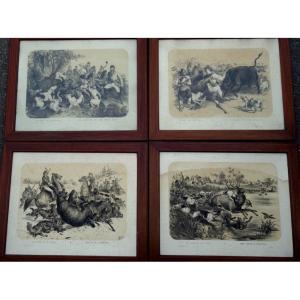 Lot de 4 "CHASSES d'ANIMAUX " par Albert ADAM vers 1860/70