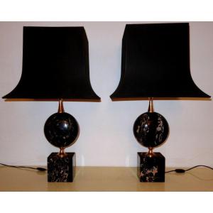 Pair Of Large Marble And Brass "barbier Lamps" Circa 1970