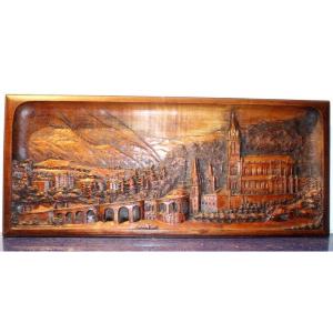 "lourdes The Sanctuary" Bas Relief Carved On Wood Around 1930..signature