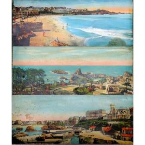 "BIARRITZ" Lot de 3 CHROMOLITHOGRAPHIES vers 1930