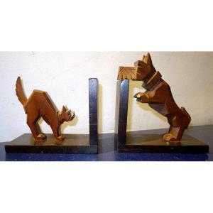 Bookends "dog And Cat" In Wood .....art Deco