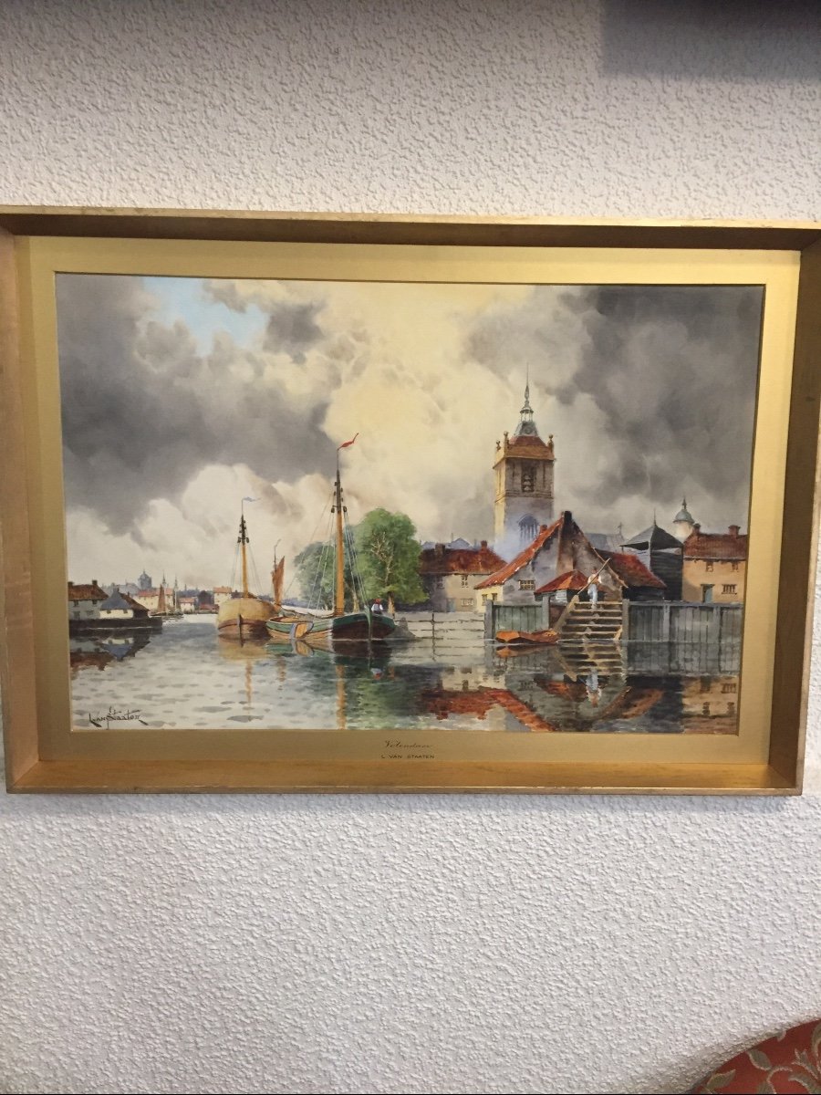 Tableau Gouache Vue D’ Un Port Hollandais Fin 19 Début 20 éme Siècle  