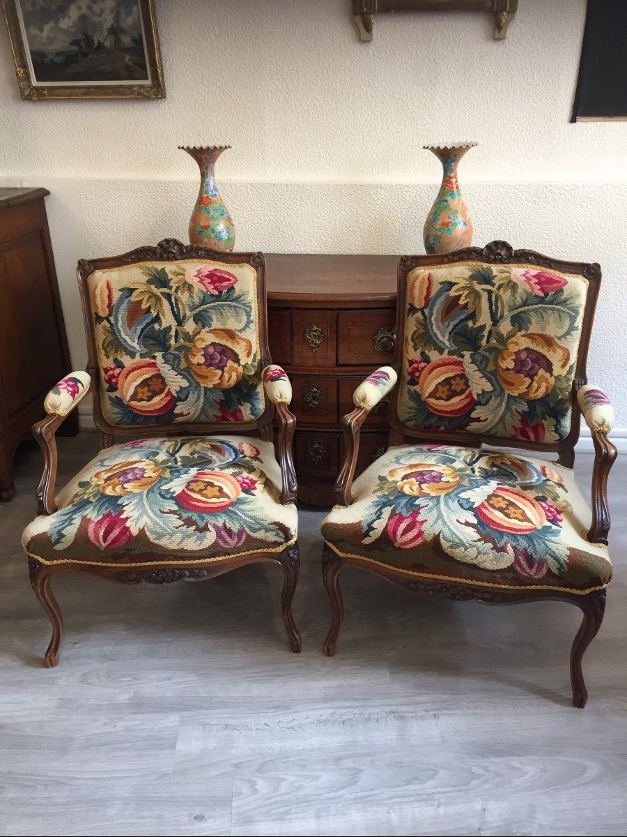 Pair Of Louis XV Style Armchairs With Flat Backs. Dot Tapestries 