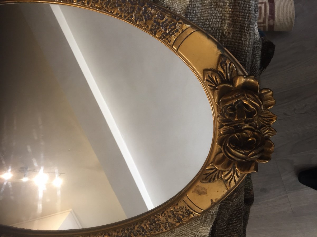 Oval Mirror In Carved Gilded Wood, 1930s-photo-2