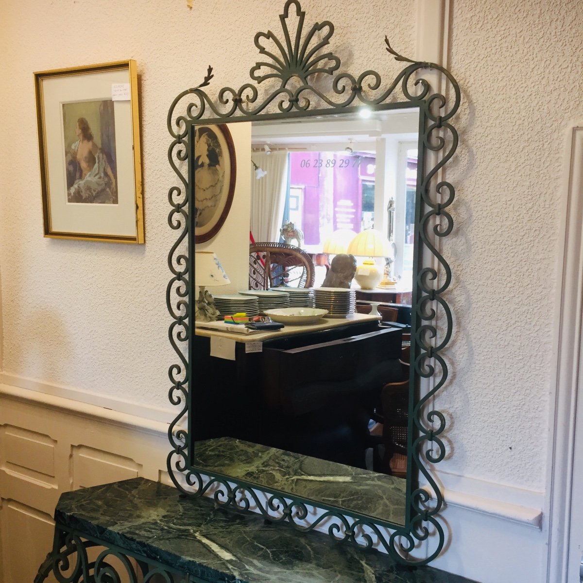 Console And Mirror In Patinated Wrought Iron, 1950s/1960s-photo-2