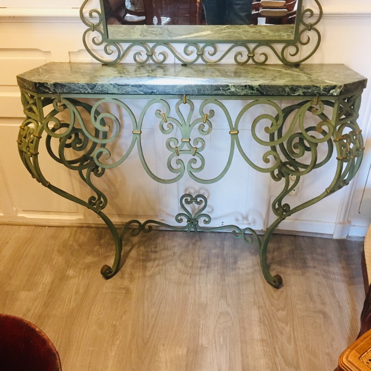 Console And Mirror In Patinated Wrought Iron, 1950s/1960s-photo-1