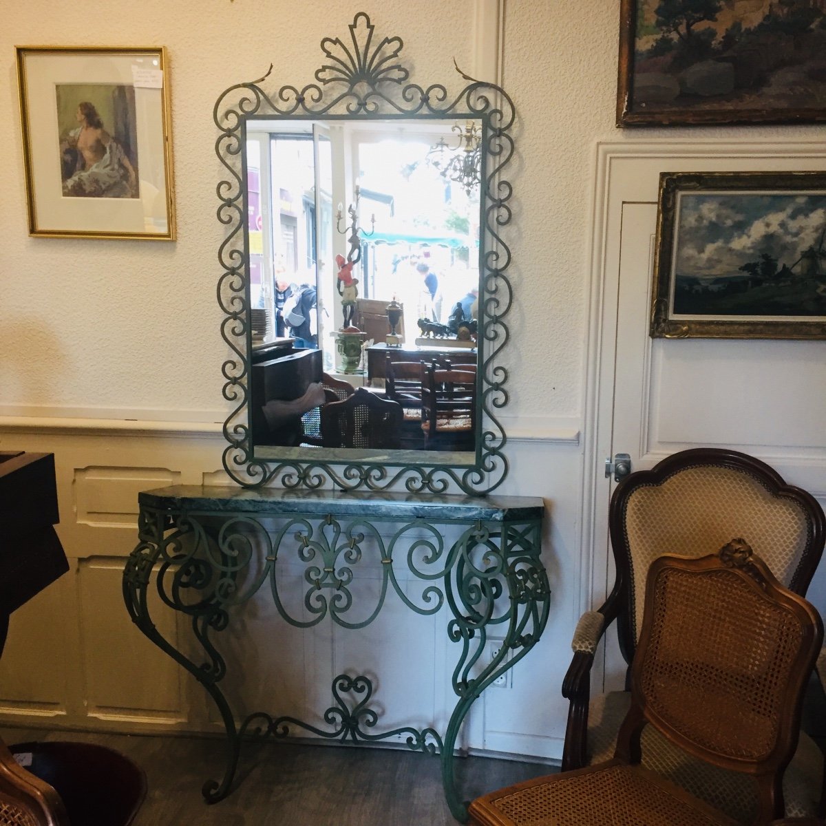 Console And Mirror In Patinated Wrought Iron, 1950s/1960s-photo-2