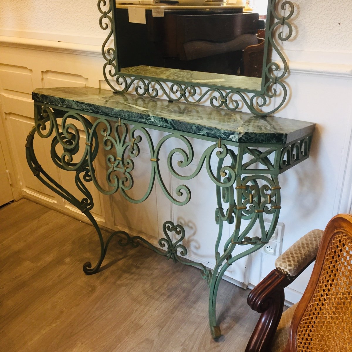 Console And Mirror In Patinated Wrought Iron, 1950s/1960s