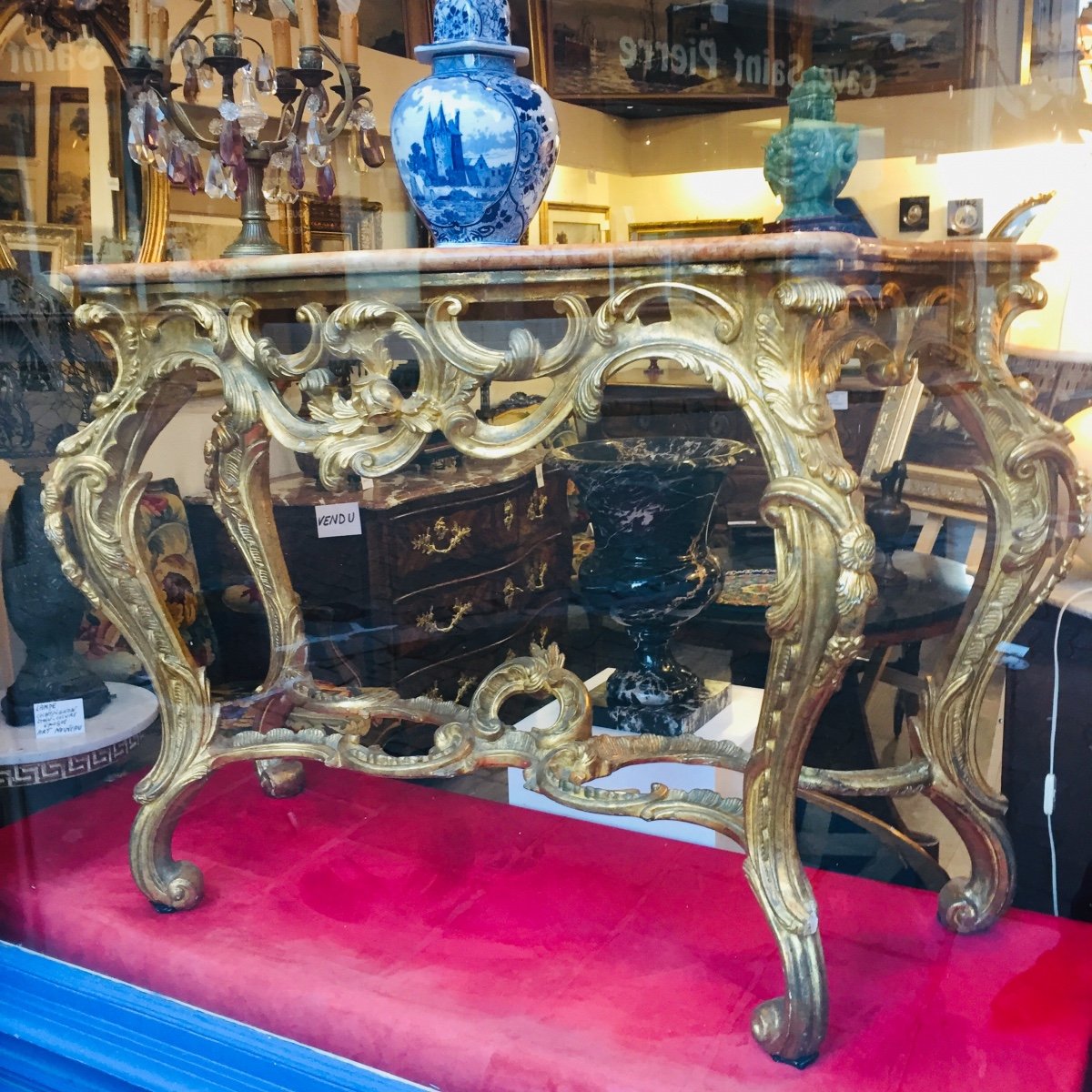 Important Console In Gilded And Carved Wood. Spacer Base. Marble Top. L Style