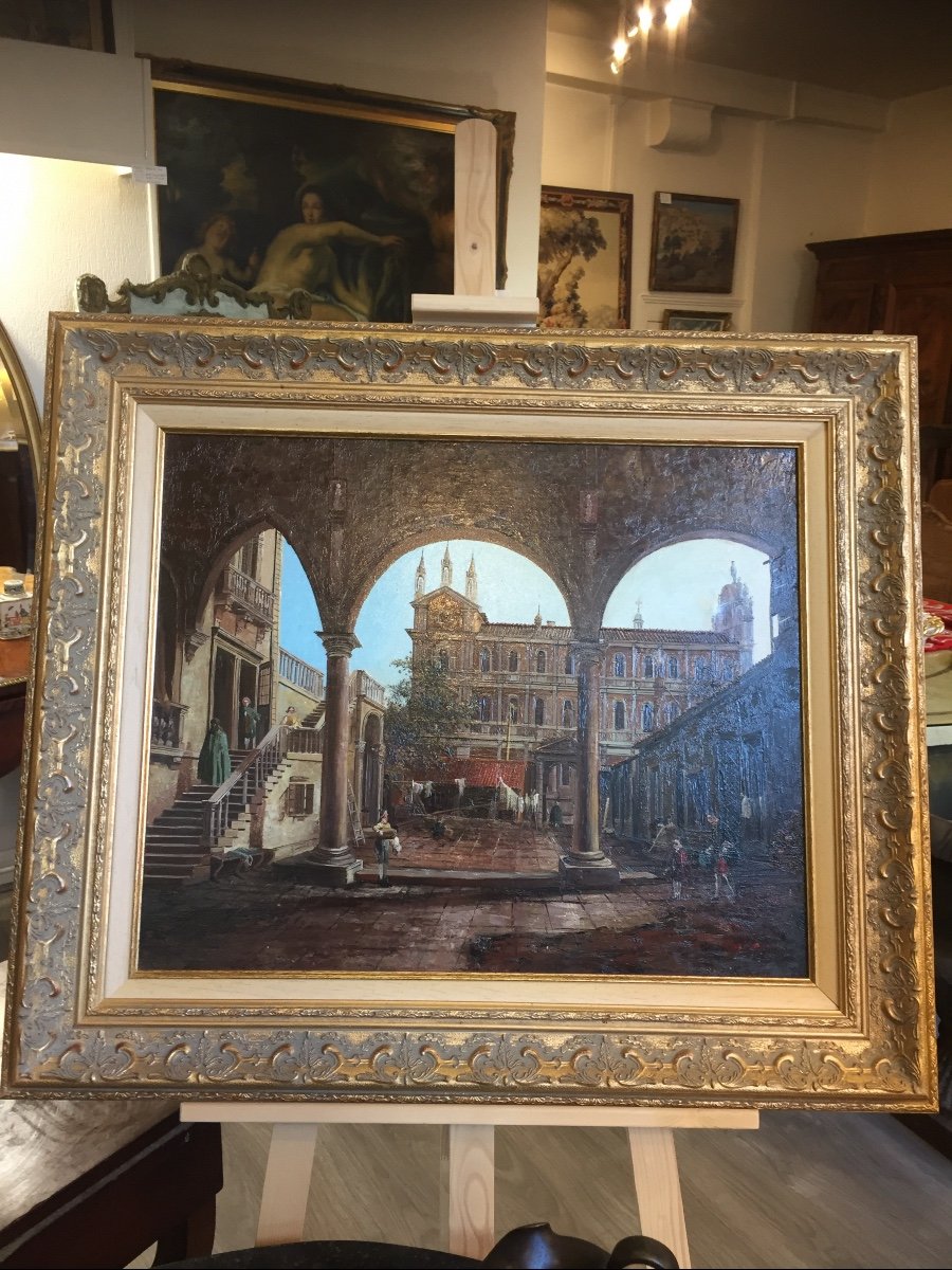 Oil Painting On Canvas Venice. Animated Courtyard 