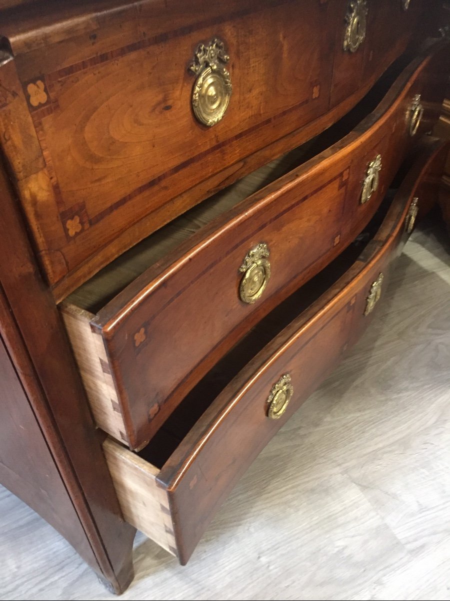 Commode à Façade Galbée En Bois Fruitier Et Marqueterie 18eme Siècle -photo-2