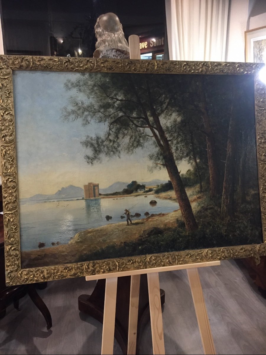 Oil Painting On Canvas Lake Landscape 19th Century 