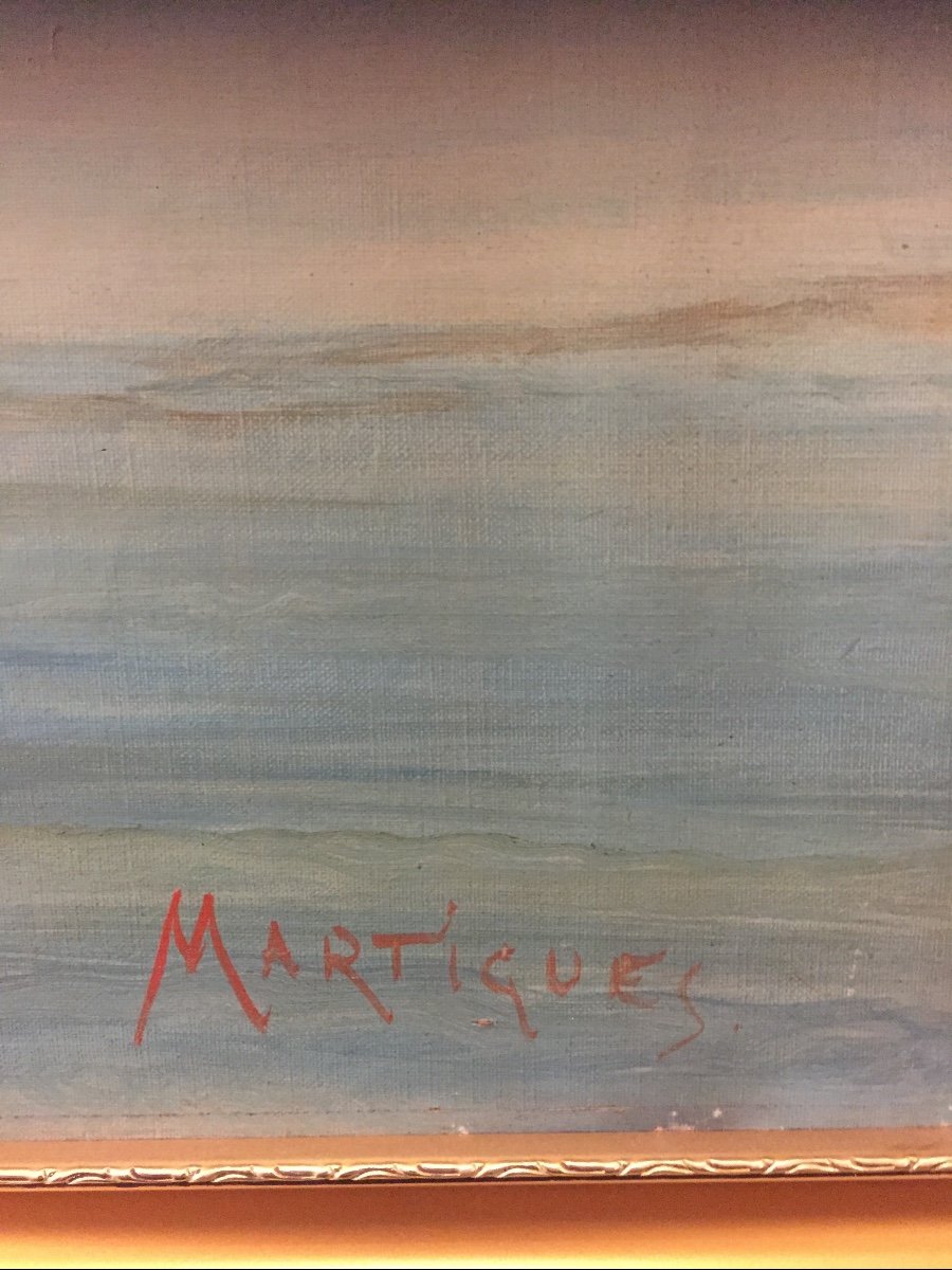 Tableau Huile Sur Toile Représentant Une Marine  Martigues 19 éme Siècle Signé Et Titré -photo-1