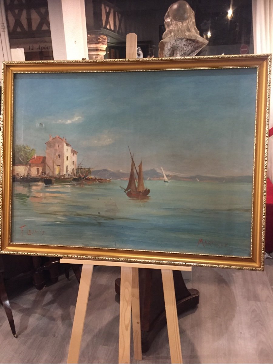 Tableau Huile Sur Toile Représentant Une Marine  Martigues 19 éme Siècle Signé Et Titré 