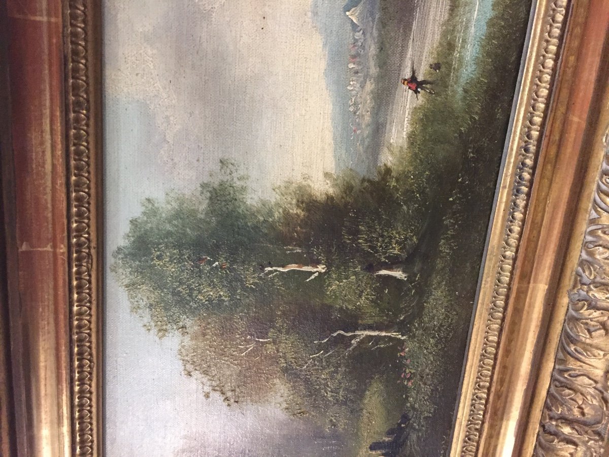 Oil Painting On Canvas Landscape At The Castle Signed 19th Century Beautiful Golden Frame -photo-3