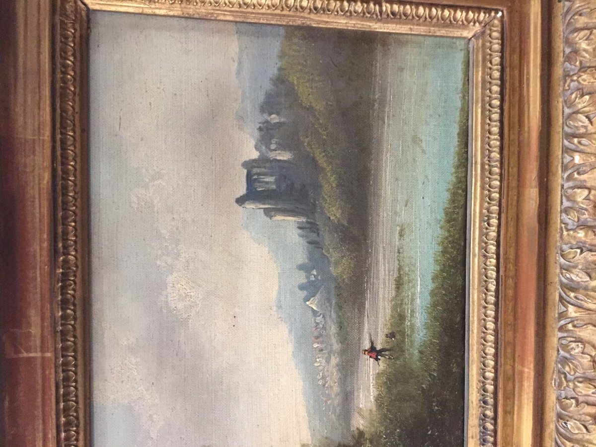 Oil Painting On Canvas Landscape At The Castle Signed 19th Century Beautiful Golden Frame -photo-4