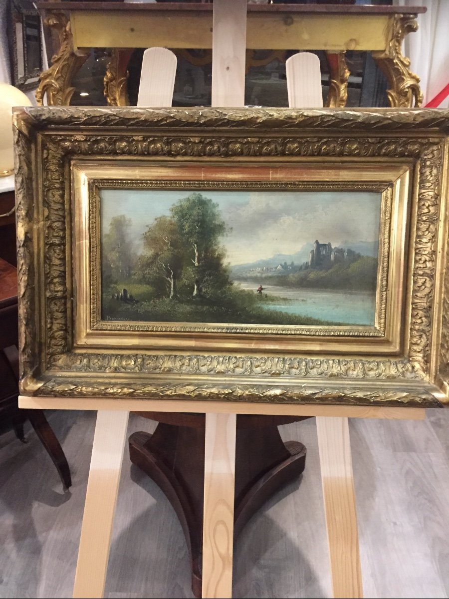 Oil Painting On Canvas Landscape At The Castle Signed 19th Century Beautiful Golden Frame 