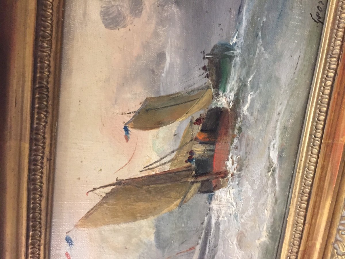 Oil Painting On Canvas Marine Signed 19th Century -photo-2