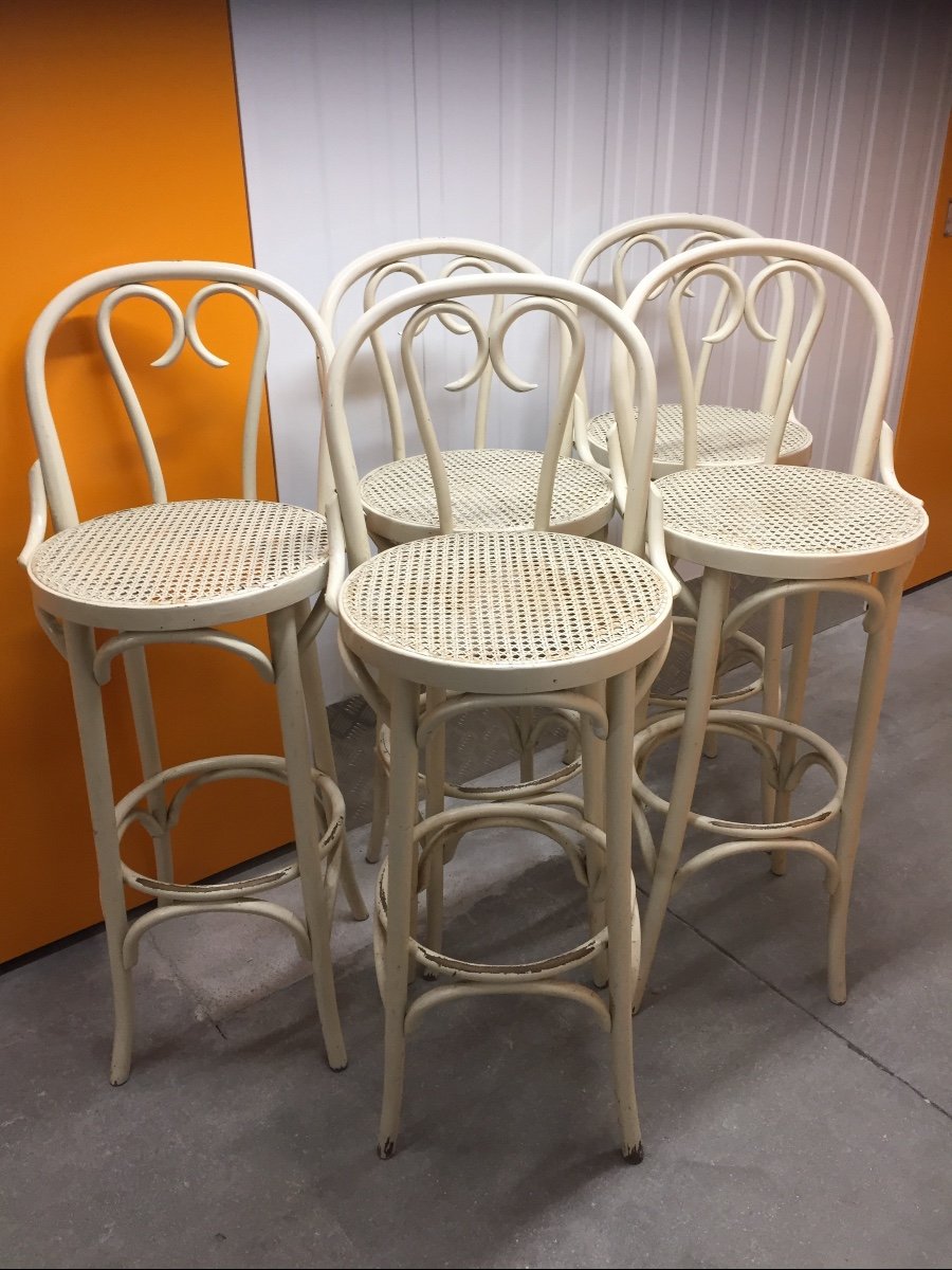 Set Of 5 Curved Wooden Bar Stools With Caned Seat From The 50s/60s