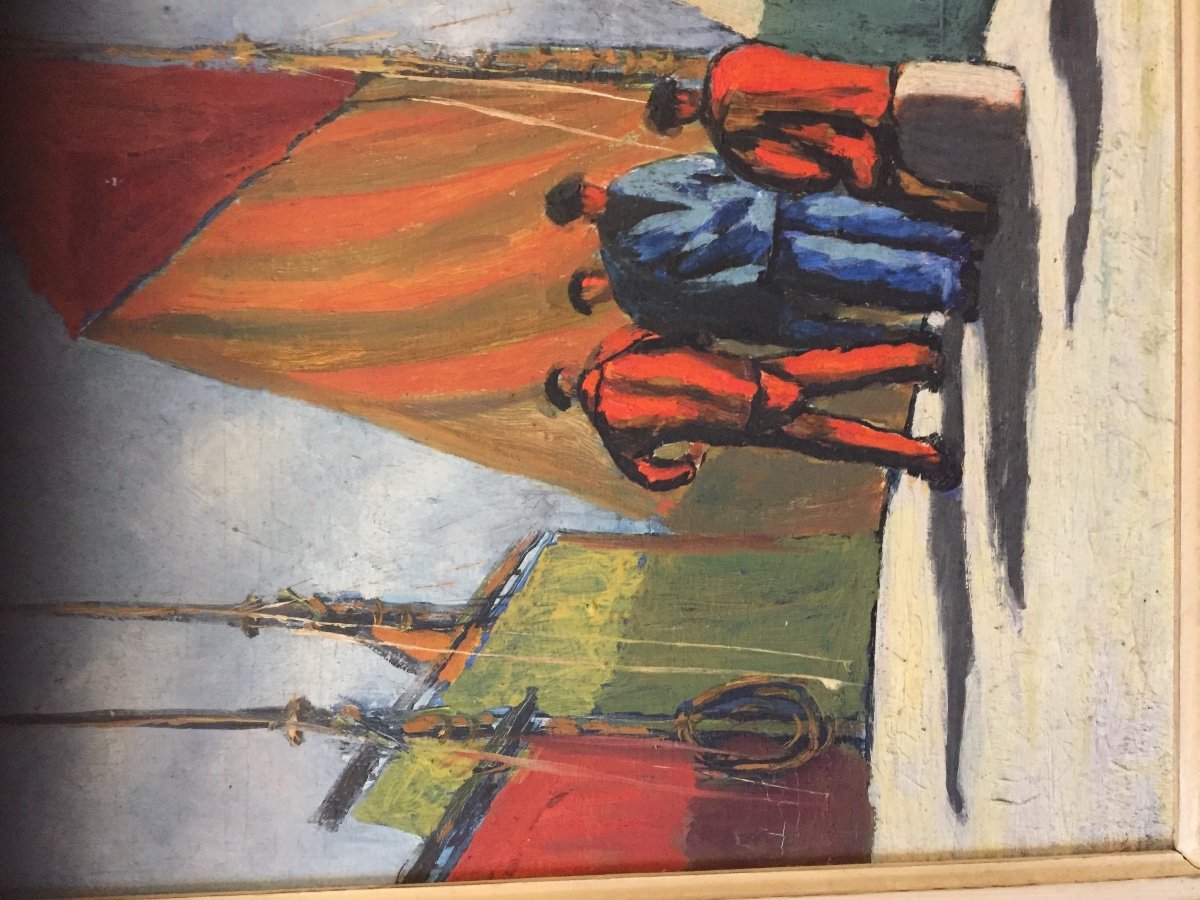 Oil Painting On Panel Fishermen At The Quay -photo-3