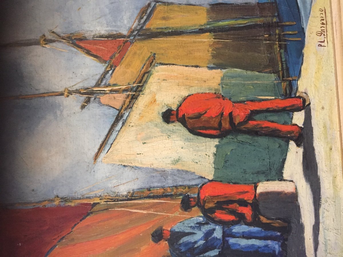 Oil Painting On Panel Fishermen At The Quay -photo-4